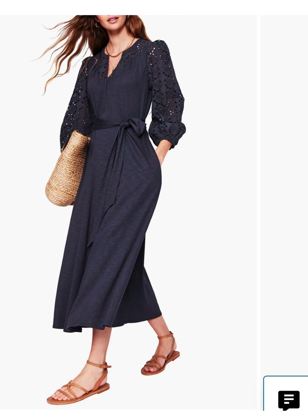 Boden Navy Eyelet-Sleeve Midi Dress with Self-Tie Waist
